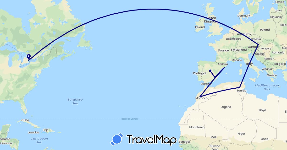 TravelMap itinerary: driving in Austria, Canada, Spain, Morocco, Tunisia (Africa, Europe, North America)